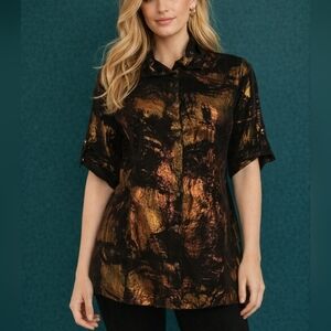 VTG TATA JOLIE 1990s Metallic Snap Button Cinch Collar Linen Holiday Shirt
